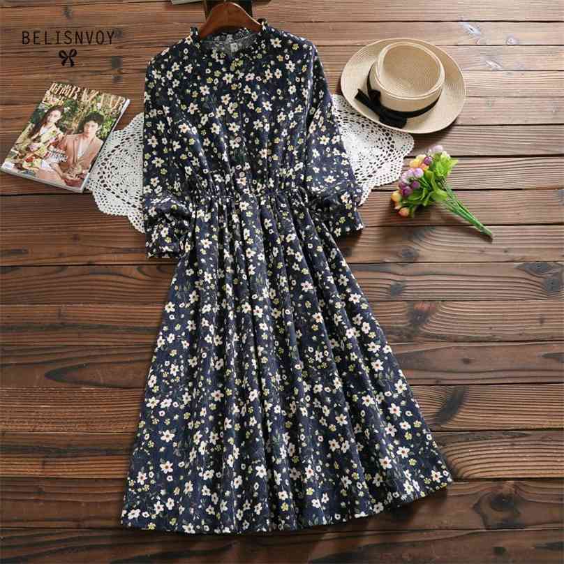 

Spring Autumn Women Elegant Floral Printed Midi Dress Ruffled Navy Vintage Femme Vestidos Long Sleeve Corduroy Ladies 210520, Navy blue
