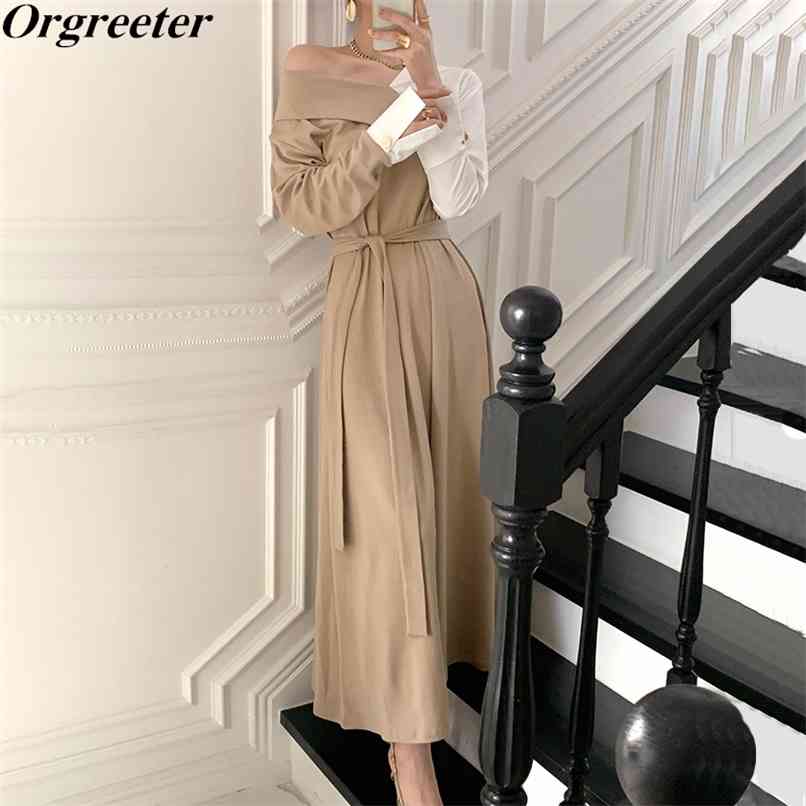 

Elegant Color Patchwork Long Maxi Dress Women Spring Fashion Sexy Off shoulder Full Length Sashes Classic 210602, Black