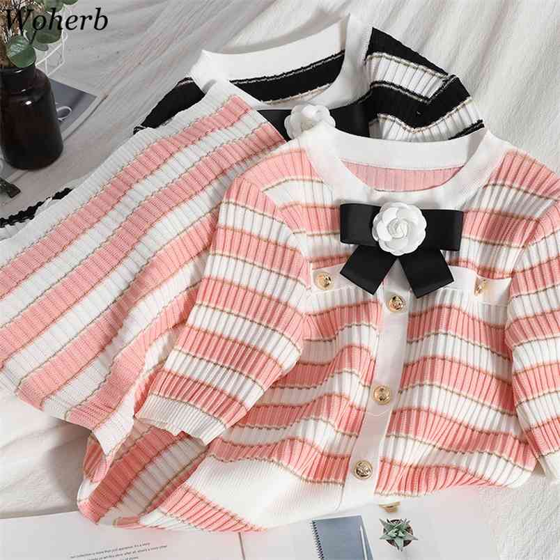 

Korean Vintage Elegant Knitted Mini Dress Women Summer Short Sleeve Bow Patch Single-breasted Ladies Dresses Vestido 210519, Black