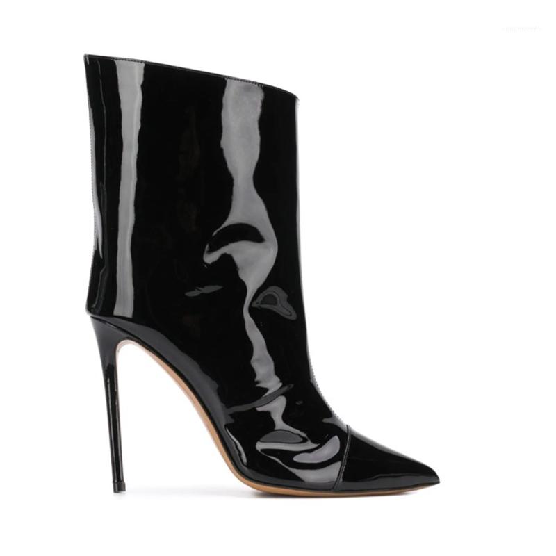 

Boots SHOFOO Shoes,Beautiful Fashion , Patent Leather, About 12 Cm High Heel Women's Boots,mid- Calf Boots., Black