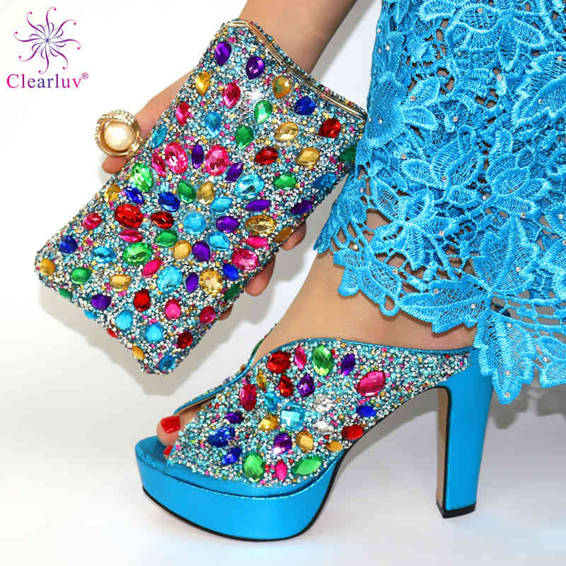 

New Arrival Sky-Blue African Women Matching Italian Shoes and Bag Set Decorated with Rhinestone Italian Ladies Shoe and Bag 210324, Black