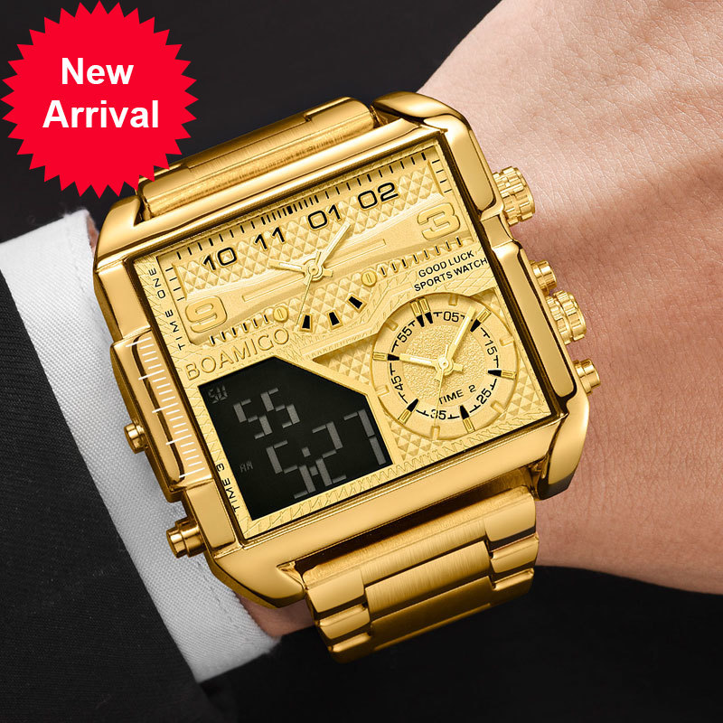

BOAMIGO 2021 New Top Brand Luxury Fashion Watches Gold Stainless Steel Sport Square Digital Analog Big Quartz Watch for Men, Black pi