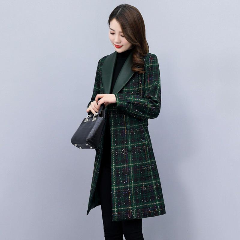 

Women's Wool & Blends Tweed Jacket Outerwear Women 2021 Autumn Winter Female Fashion Self-Cultivation Lace Up Woolen Coat Lady Windbreaker, Green grid
