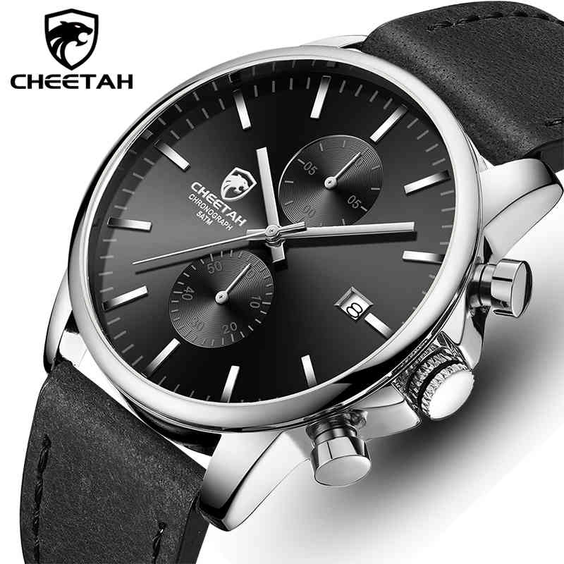 

CHEETAH Luxury Brand Watch for Men Casual Business Quartz Wristwatch Leather Chronograph Date Clock Watches Relogio Masculino 210517, Silver black