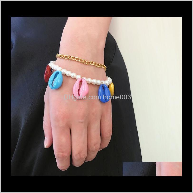 

Bracelets Drop Delivery 2021 Fashion Beach Colorful Cowrie Shell Charm For Women Gold Color Chain Imitation Pearl Bead Bracelet Bohemia Jewel, Golden;silver
