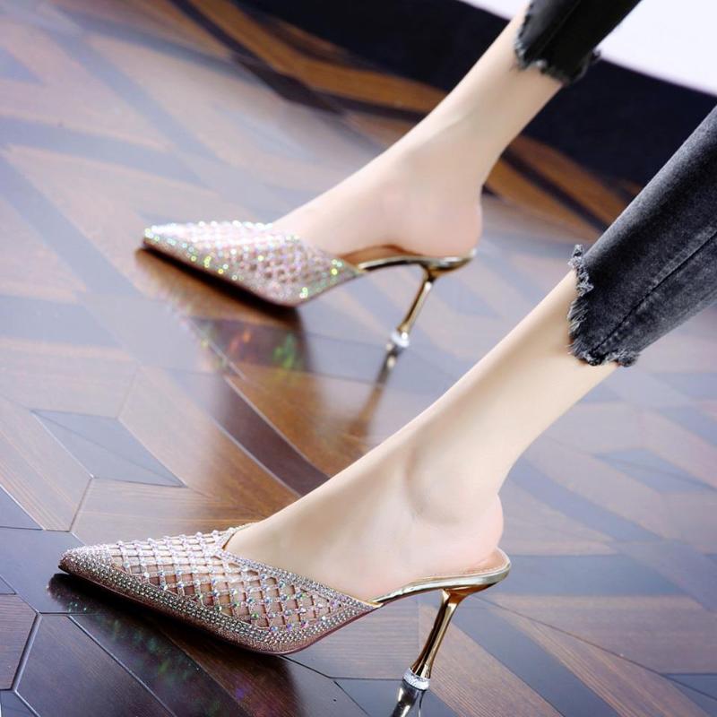 

Dress Shoes 2021 Summer Fashion Hollow Baotou Stiletto High Heels Female Pointed Toe Rhinestone Half Slippers, Black