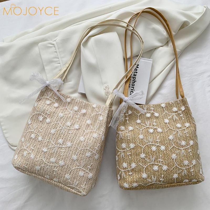 

Evening Bags Fashion Women Summer Woven Letters Embroidery Shoulder Shopping Bag Casual Ladies Silk Scarf Small Bucket Totes Handbags, Beige