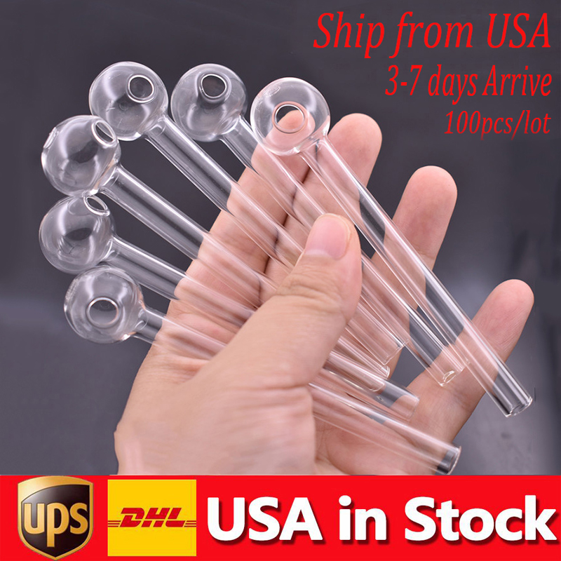 

100pcs/lot Pyrex Glass Oil Burner Pipe clear 4inch 10cm hand smoking water pipes transparent Great Tube oil nail pipes local warehouse in USA