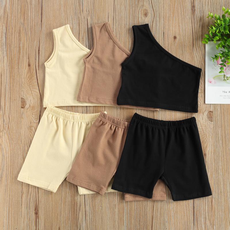 

Clothing Sets 1-4 Years 2pcs Solid Outfits Kids Baby Girls Fashion 2-piece Outfit Set One Shoulder Tops Shorts Stylish Girl