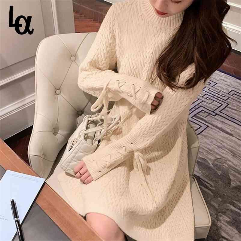 

Winter Knit Dress Casual Long Sleeve Elegant Mini Female Lace-up Sweet Office Sweater Korean 210519, Beige