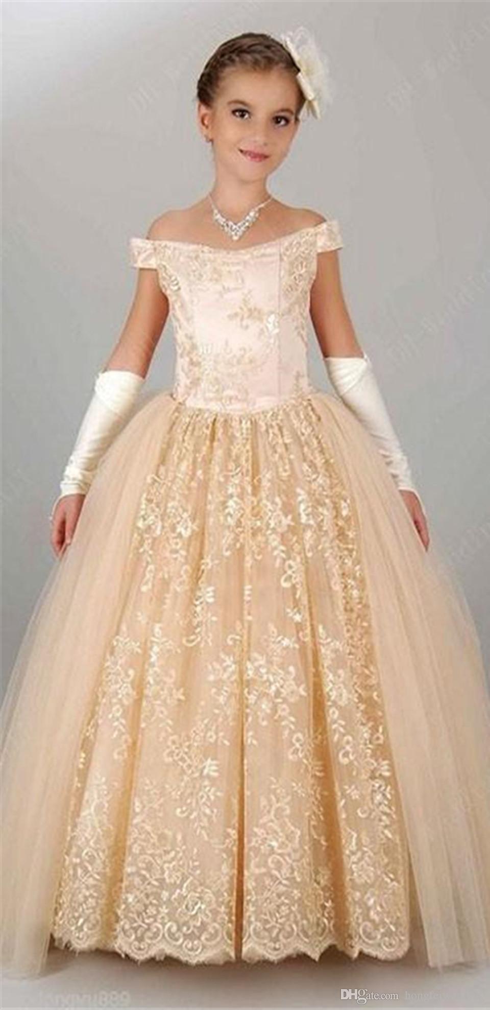 

Tulle Lace Party Off Shoulder Flower Dress Wedding Ankle Length prom Dresses For Toddler Girl Applique Pageant Girls Gown, White