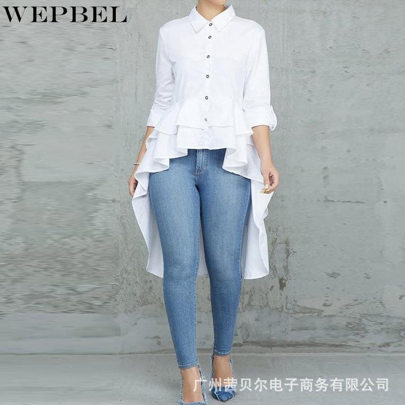 

Women's Blouses & Shirts WEPBEL Shirt Casual Solid Ruffles Stitching Summer Long Sleeve Single Breasted Turn-down Collar Irregular, White