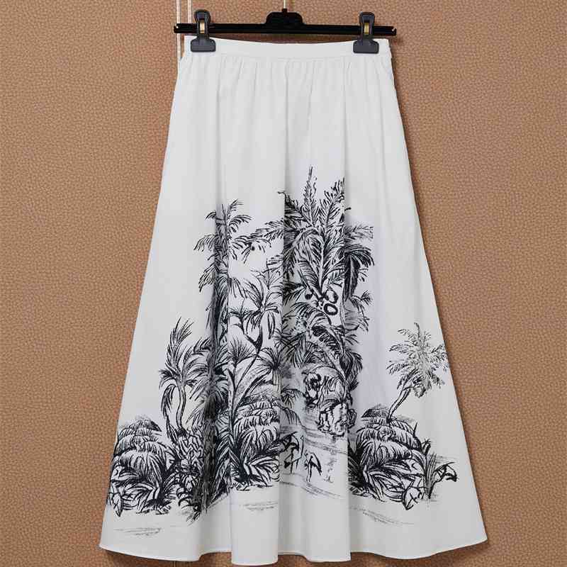 

Truevoker Summer Runway 100% Cotton Skirt Lady Vintage Tree Print Pocket White Midi Cottagecor 210602