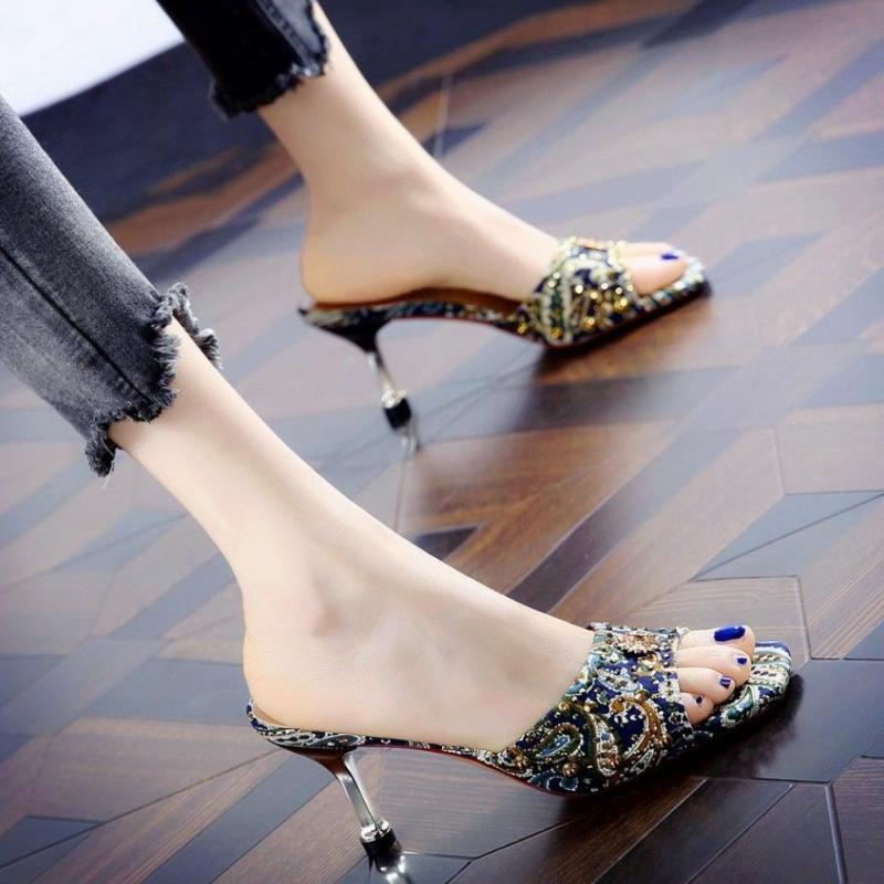 

Embroidery Summer Women High Heels Sandals Open-toepeep Ladies Personalized Rhinestone Stiletto, Black