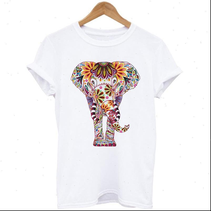 

women t shirts colorful elephant print shirt casual short sleeve o neck tee for female cartoon cute femme clothings, White