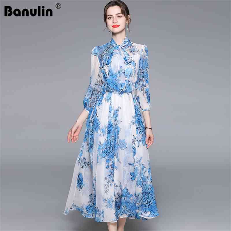 

Banulin Summer Fashion Runway Vintage Midi Dress Women Puff sleeve Elegant Bow Belt Flower Print Chiffon Vestdios 210603, Blue
