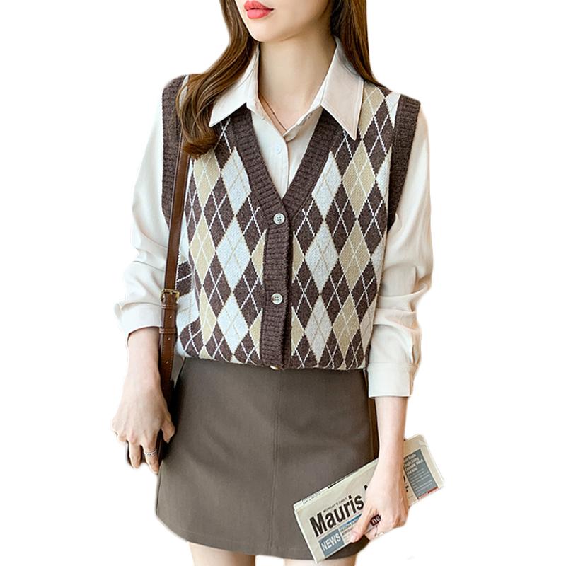 

Women's Vests Vest Women Plaid Loose Trendy Korean Style Vintage Sleeveless Knitted V-Neck Cardigan Female Coats Simple Leisure Outwear, Blue