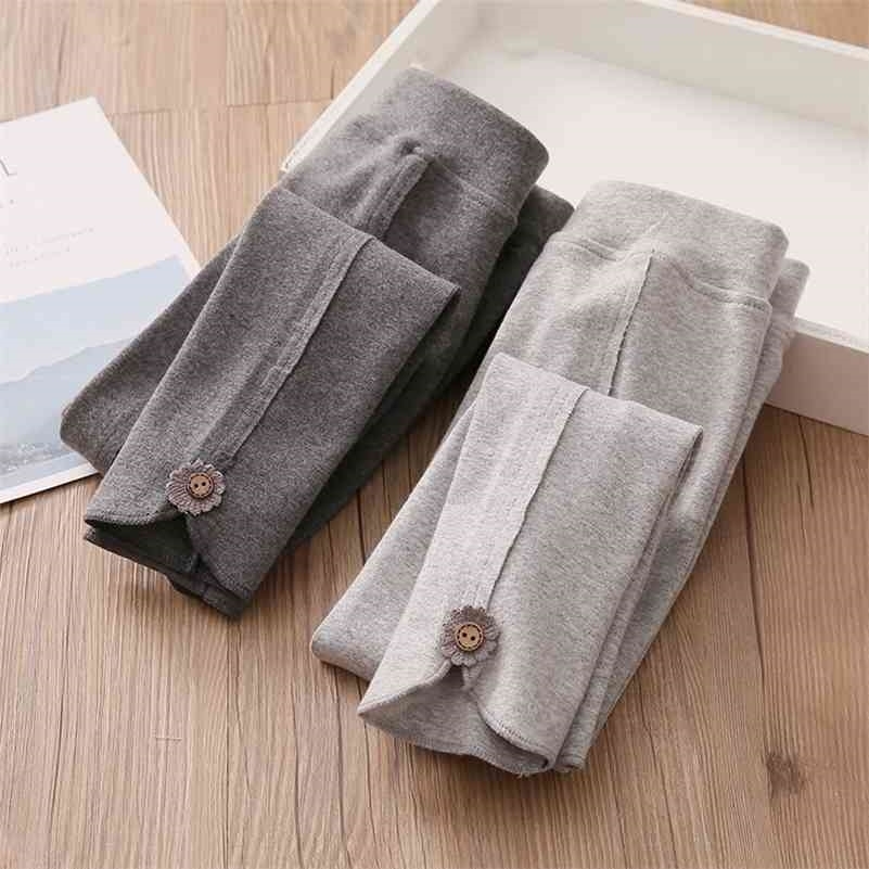 

Autumn Spring Korean -150cm 3 4 6 8 10 12 Years Cotton Solid Color With Buttons Patchwork Baby Kids Leggings For Girls 210701, Gray