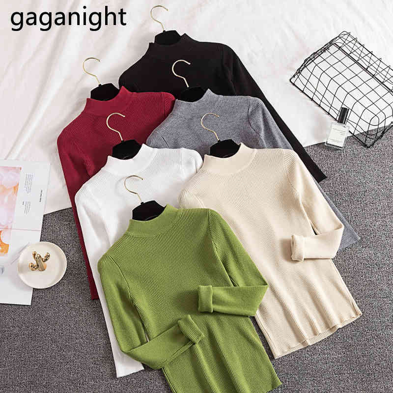 

GAGANIGHT Sweet Knitted Sweater Office Lady Pullovers Autumn Winter Basic Turtleneck Sweater Japanese Fashion Slim Tops 210519, Apricot