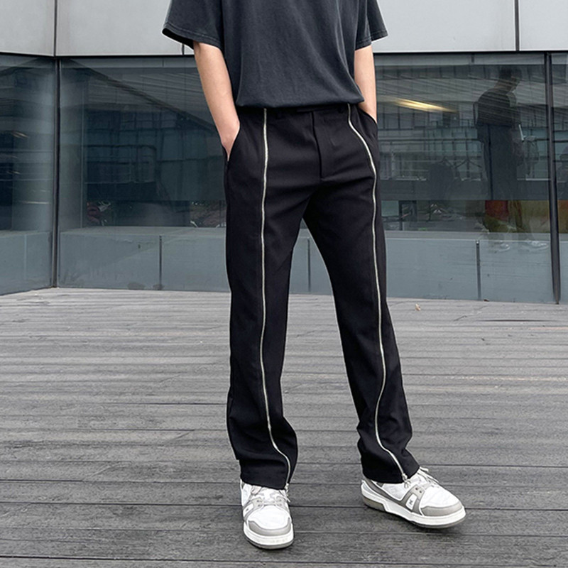 

Front Long Zipper Black Flare Pants and Womens Straight Solid Color Casual Trousers Oversize Hip Hop Loose