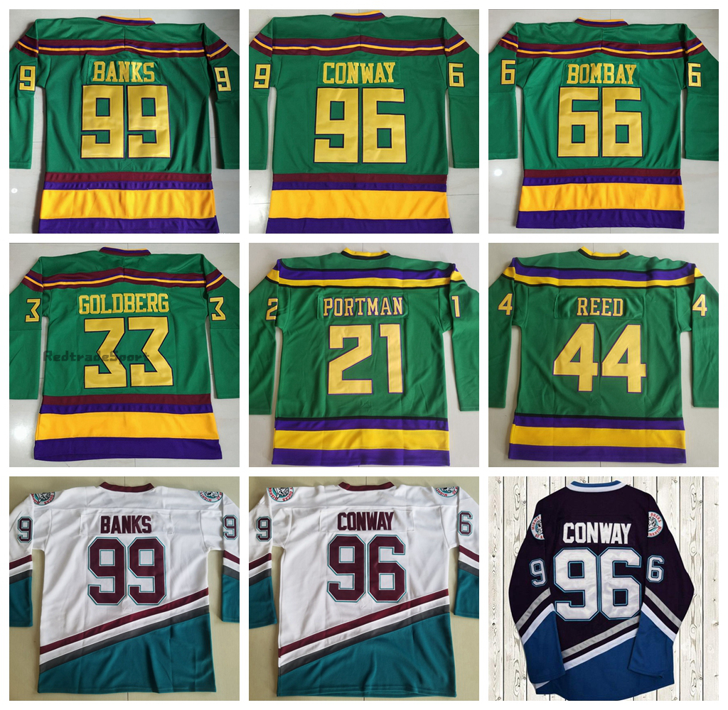 

Movie Mighty Green Ducks Hockey Jerseys 96 Charlie Conway 99 Adam Banks 66 Gordon Bombay 44 Fulton Reed 33 Greg Goldberg 21 Dean Portman Stitched Jersey Mens Vintage, Green33