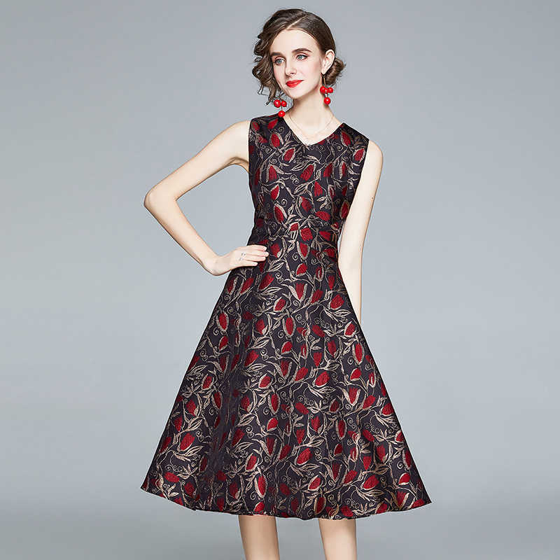 

Autumn Sexy Slim Women Sleeveless Jacquard Dress Lady Elegant V Neck Knee-length Casual OL Work Vintage A-line Dresses Vestidos 210525, Red