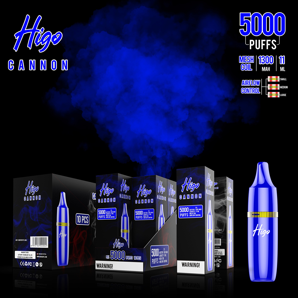 

Authentic Higo Cannon Disposable E cigarettes 5000 Puffs Vape Pen 1300mAh Battery Vaporizer Stick Vapor Kit 11ml Pre Filled Mesh Coil Cartridge Device magic pro max