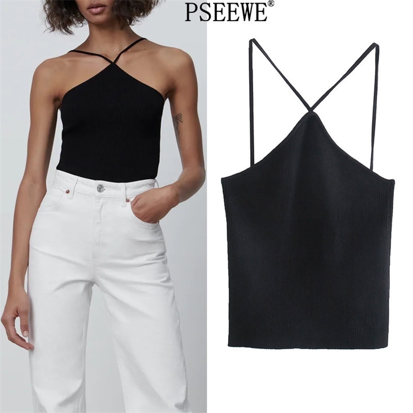 

Black Openwork Knitted Top Women Fashion Thin Straps Sleeveless Woman Blouses Off Shoulder Summer 210519, White