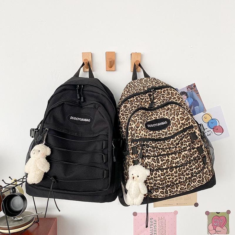 

Backpack Japanese Harajuku Student Retro Leopard Print School Bag Large Capacity Female Solid Color