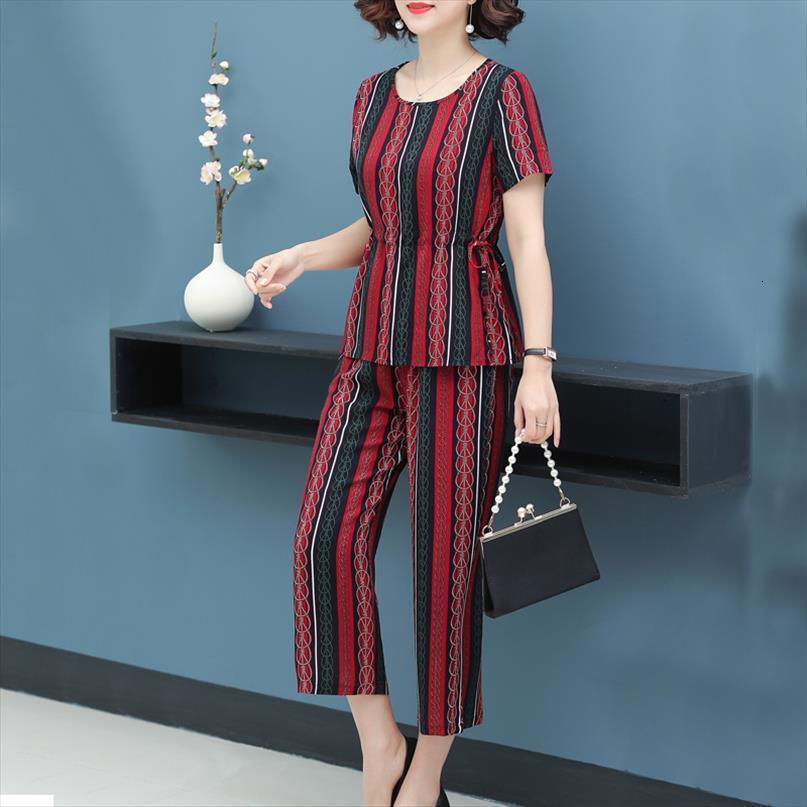 

summer suit short sleeve womens pants printed cotton silk t shirt wide leg two piece middle aged elderly mothers wear, White
