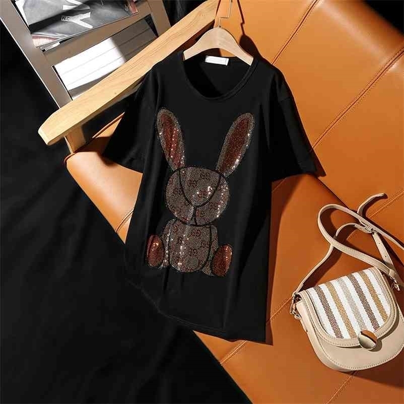 

Women Fashion Diamond Short Sleeve T-Shirt Summer Black Personality Loose T Shirts Female Korean Plus Size Tops & Tees TX161 210323, White