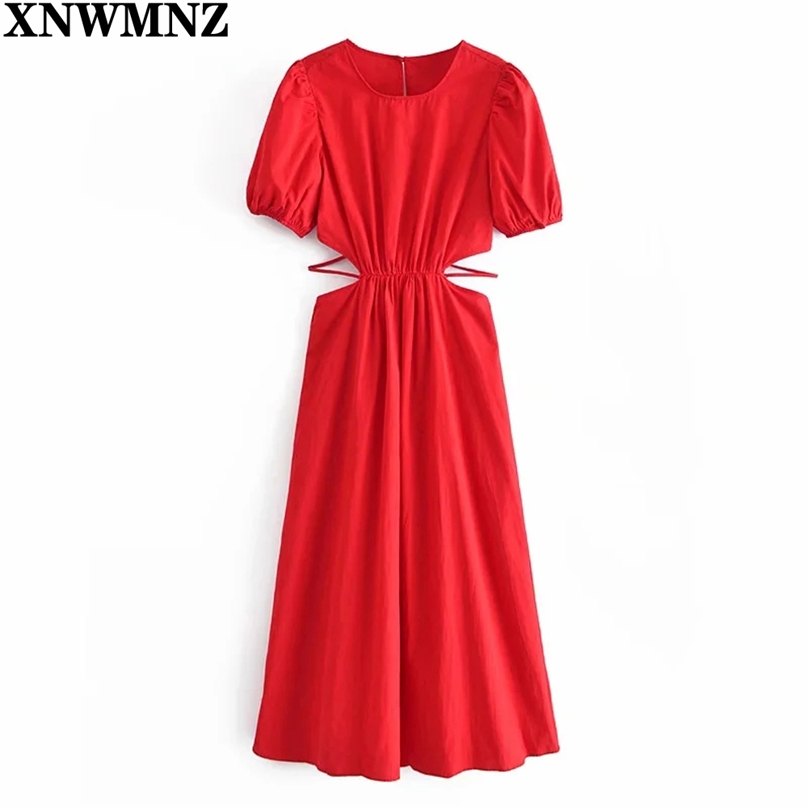

Women Dress Fashion Hollow Bandage Red Midi Woman Summer Short Puff Sleeve Elegant Party Long es Robe 210520