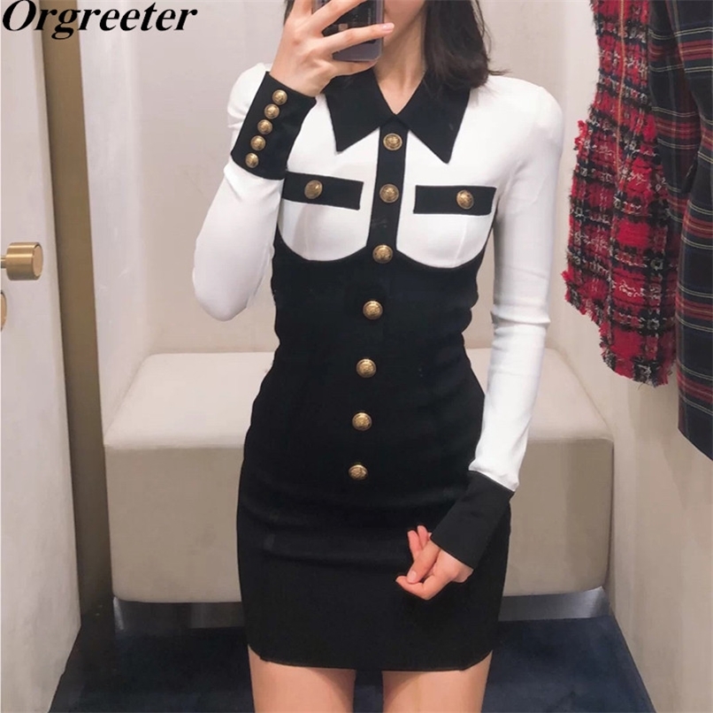 

Mini Short Dress Women Fashion Fall Spring Lapel Black and white stitching Single-breasted Long Sleeve Bodycon 210602