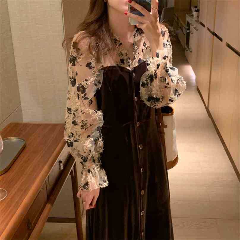 

French Fashion Sexy Velvet Florals Chic Elegance Sale Women Basic Gentle All Match Plus Size Long Dresses 210525, Black