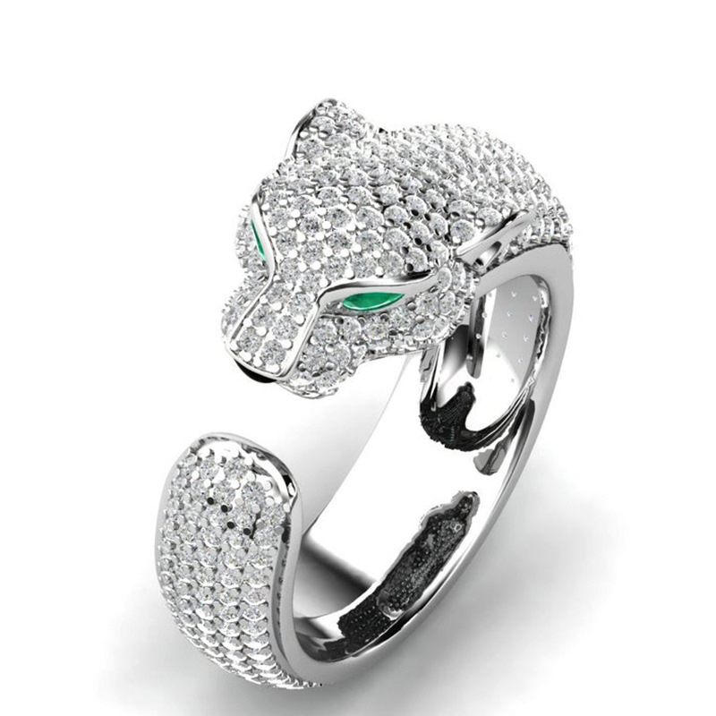 

Fashion Full Crystal Inlaid Leopard Head Ring Opening Personality Unisex Rings Party Jewelry Gift