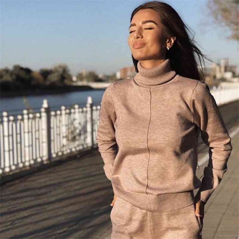 

Women sweater suit track costume 2 pieces sets Casual Autumn winter turtleneck pullovers and long knitted pants knitted Sets 210709, Khkai