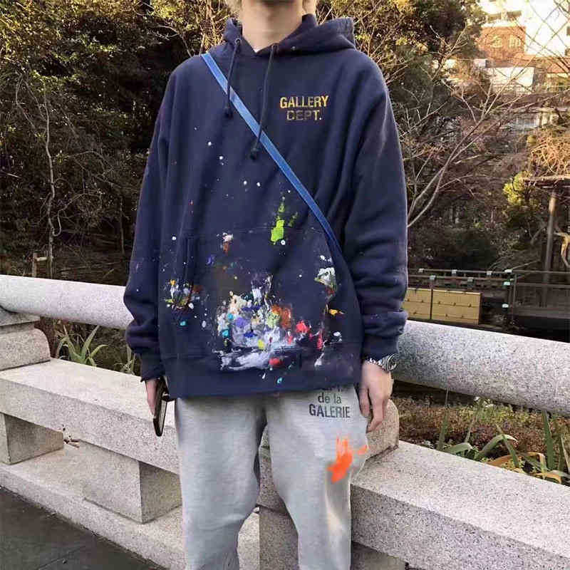 

2022 Galery dept Hoodie graffiti splash paint wash high street old loose Hoodie men' and women' fashion, Blue-violet