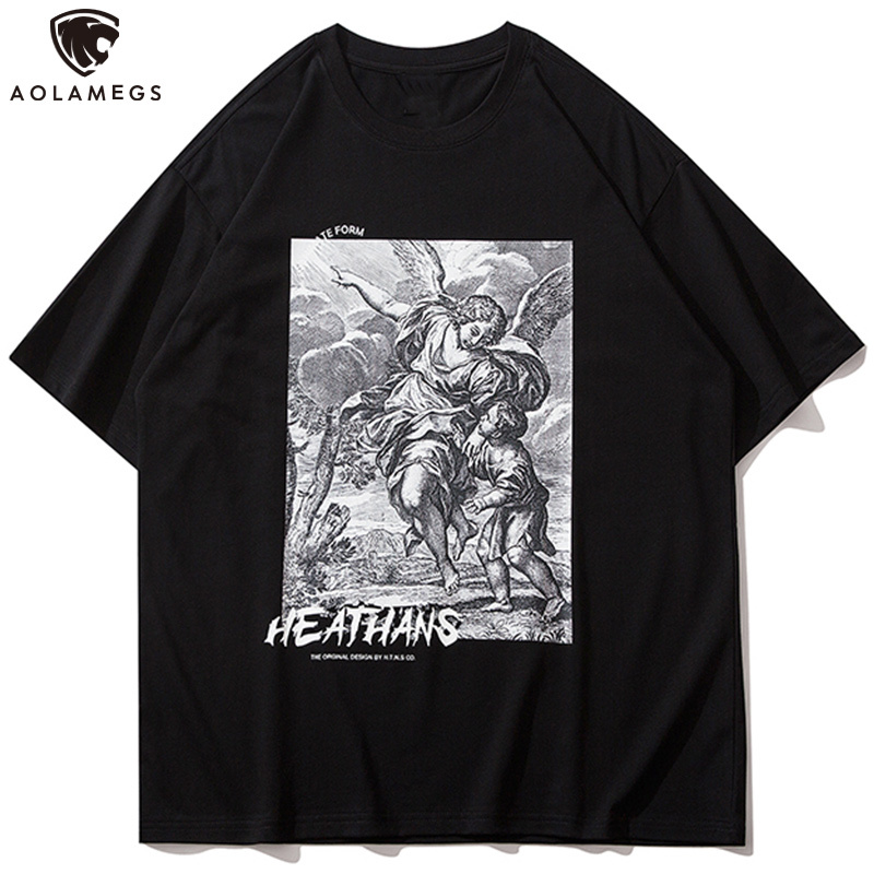 

Men's Polos Aolamegs men's vintage angel portrait printed oversized male shirt cozy high street fashion summer streetwear, Black