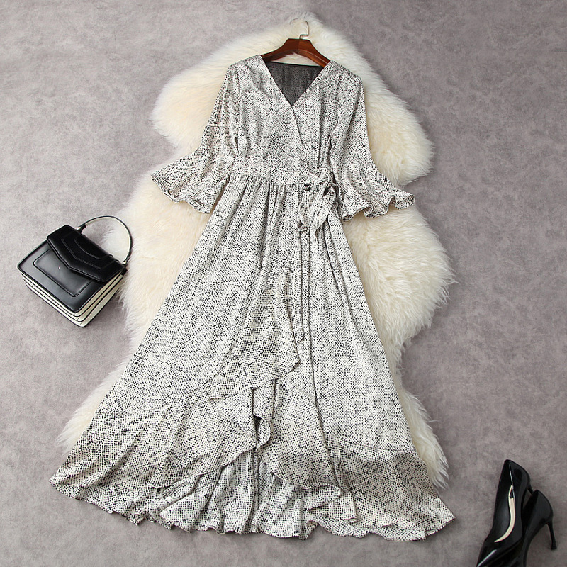 

2021 Spring Summer 3/4 Sleeve V Neck Multicolor Retro Polka Dot Ruffle Ribbon Tie Belted Mid-Calf Dress Elegant Casual Dresses 21M2311977, Multi