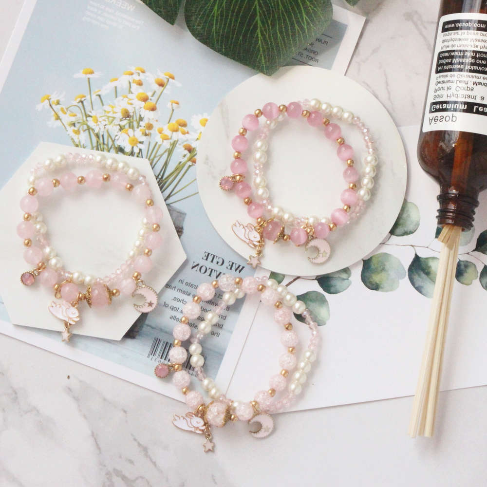 

Hand catenary Korean version sweet and simple friend small fresh female cat's eye stone rabbit moon beads multi layer Bracelet, Golden;silver
