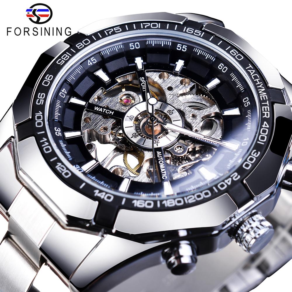 

Forsining 2021 Stainless Steel Waterproof Mens Skeleton Watches Top Brand Luxury Transparent Mechanical Sport Male Wrist Watches, Black silver no box