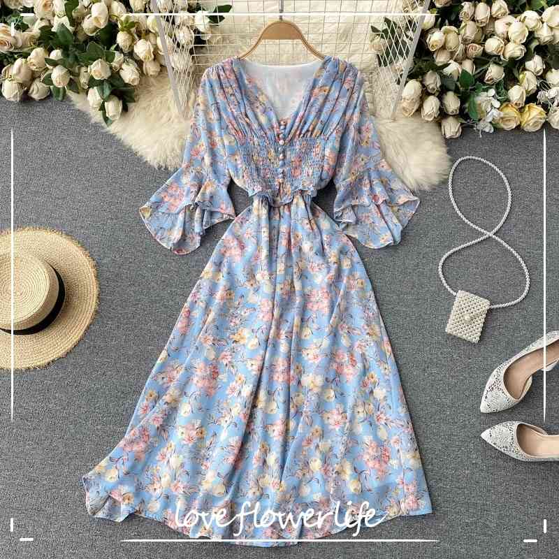 

LoveFlowerLife Irregular Flared Sleeve V Neck Ruched Sundress Summer Boho Print Chiffon Holiday Midi Women Sweet Floral Dresses 210521, Blue