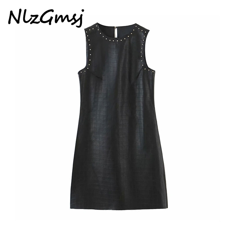 

Dres Round Neck High Waist Rivet Sleeveless Solid Color A-line PU Leather Loose 210628, As picture