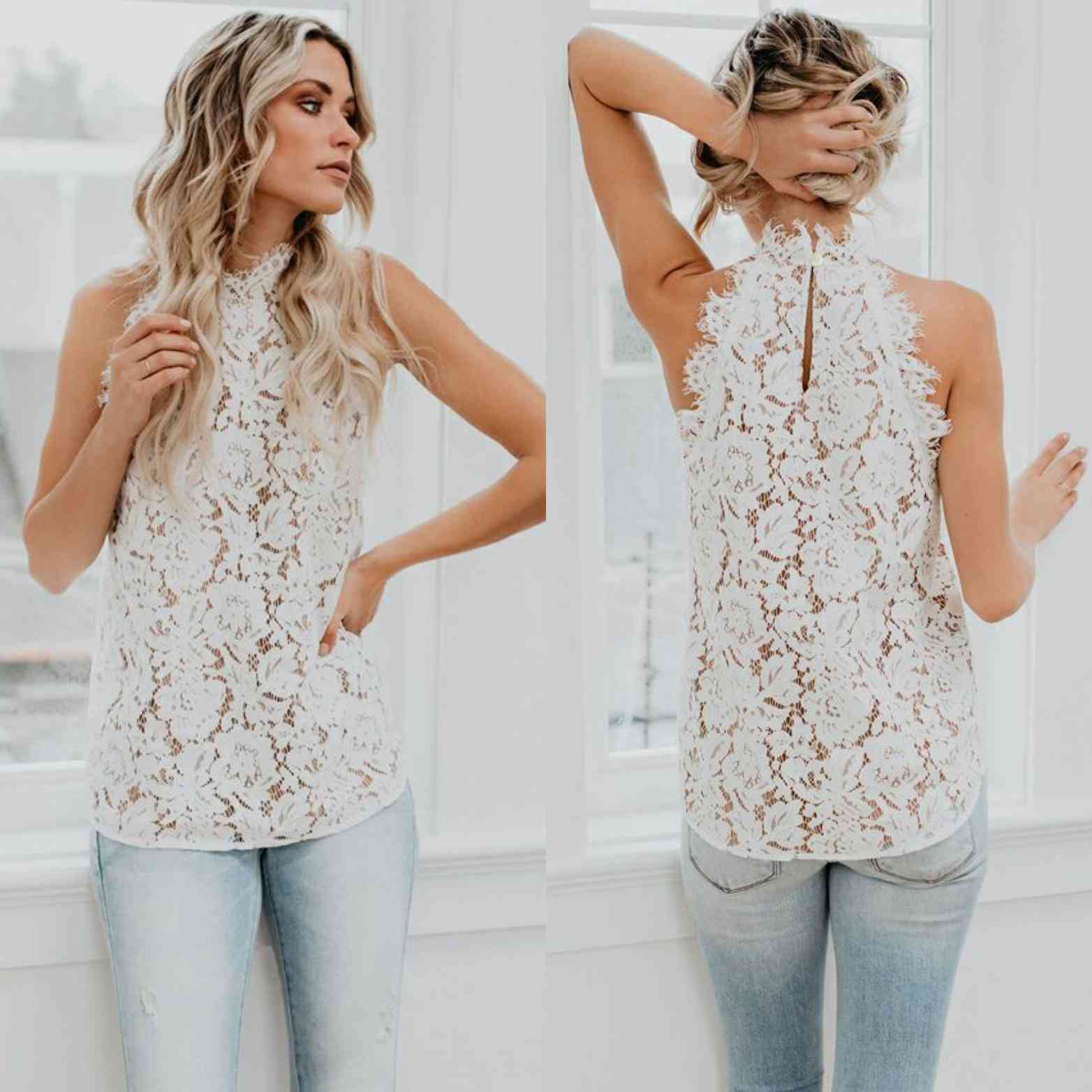 

Women' T-Shirt Womens and Blouses Lace Solid Sleeveless Blouse Tops Shirt Shirts White Black Women clothes Hollow, 2#