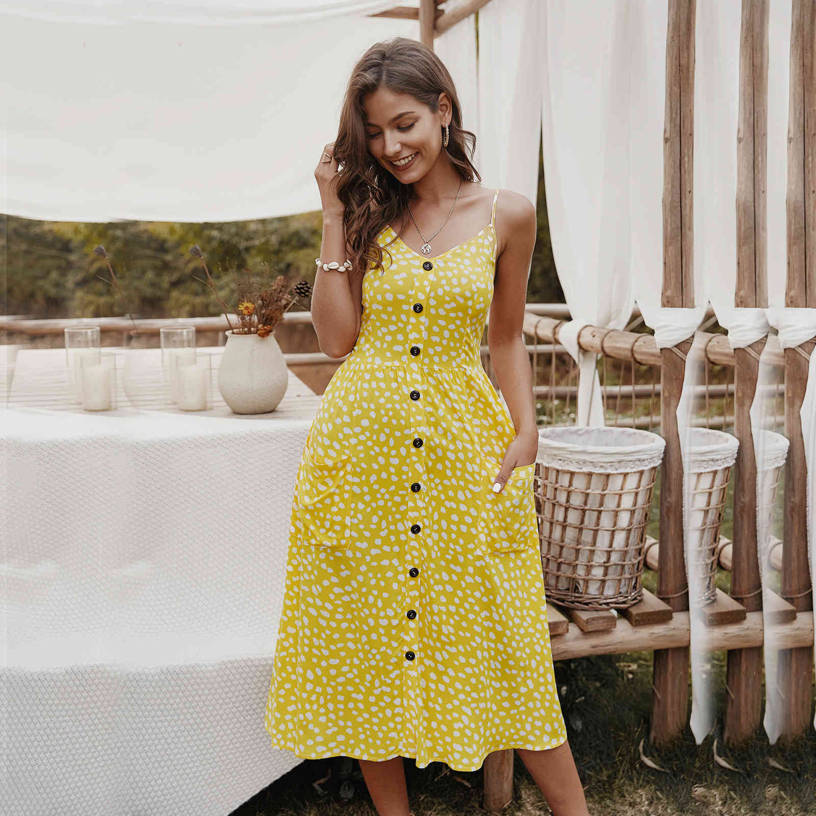

women dresses bohe summer Dot Print single Buttons V-Neck Spaghetti Strap Women' Dress holidays beach cotton long dress 210524, Navy blue