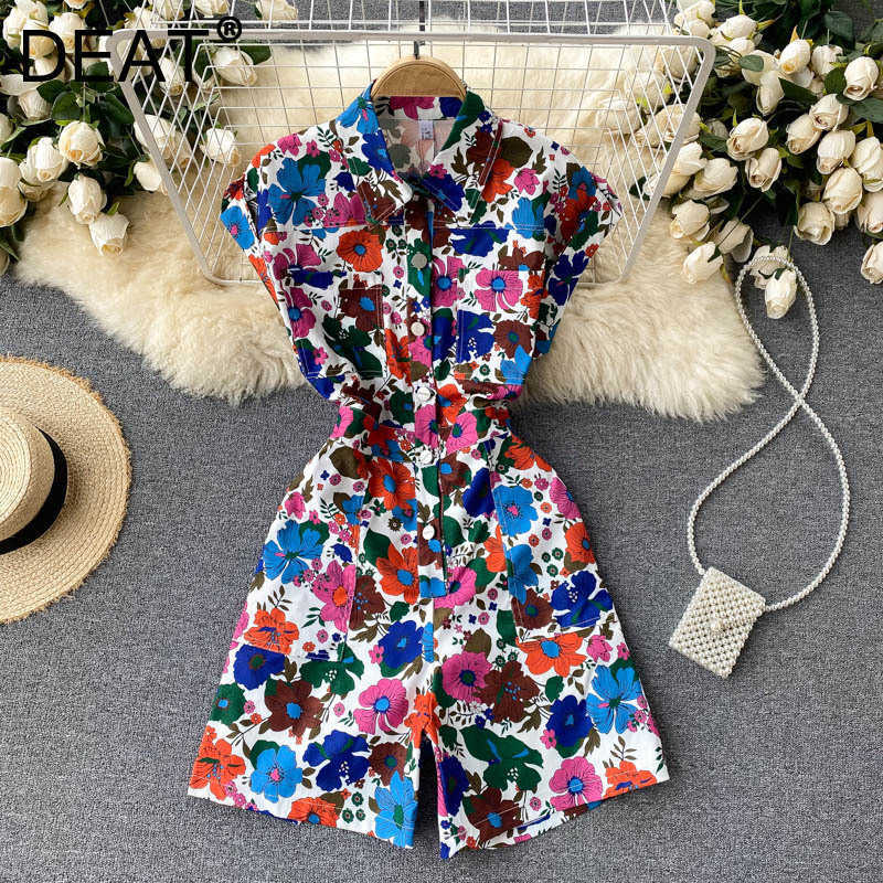 

DEAT Women Printing Sleeveless Lapel Jumpsuit Arrivals Solid Color Fashion Temperament Spring Summer 11D1711 210709, Blue