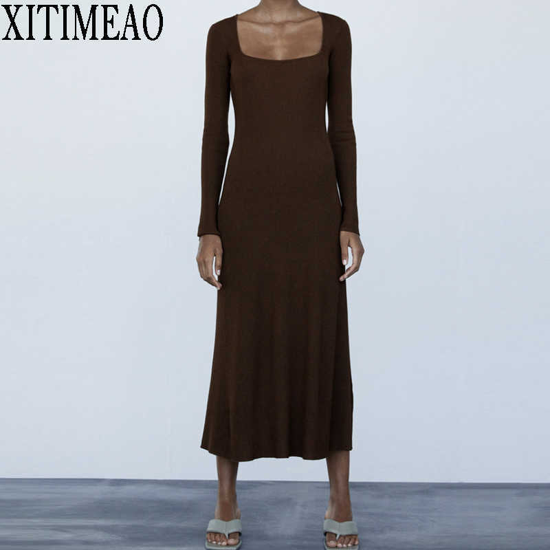 

ZA Women Autumn winter Slim Dress Casual Square Neck Long-sleeved Knitted Sweater Office Lady Party 210604, Brown