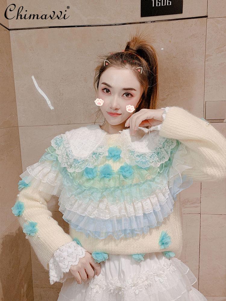 

Women's Sweaters Sweater 2021 Winter Clothes Korean Fashion Sweet Flower Lace Stitching Thickening Warm Elegant Knitting Top, White;black
