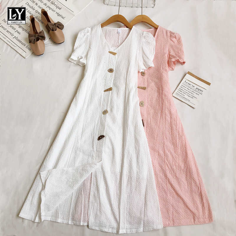 

LY VAREY LIN Summer Female Puff Sleeve Loose Buttons A-line Dresses Women Casual V-neck Single Breasted High Waist 210526, Light blue