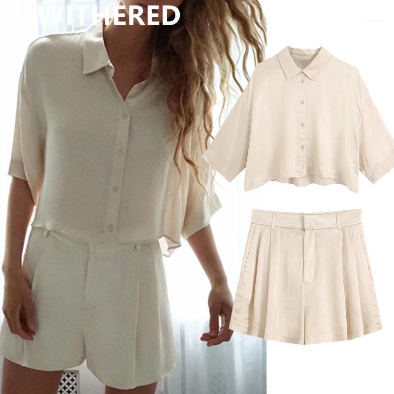 

Women's Tracksuits Dave&Di Ins England Satin Blouse Women Blusas High Waist Short Shirt Harem Shorts Feminino Bermuda Two Pieces Sets